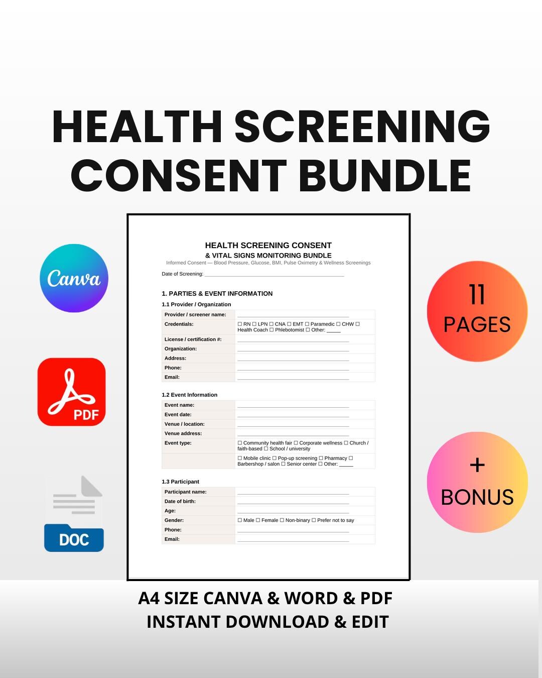 Health Screening Consent Bundle | Editable Wellness Event Forms (canva ...