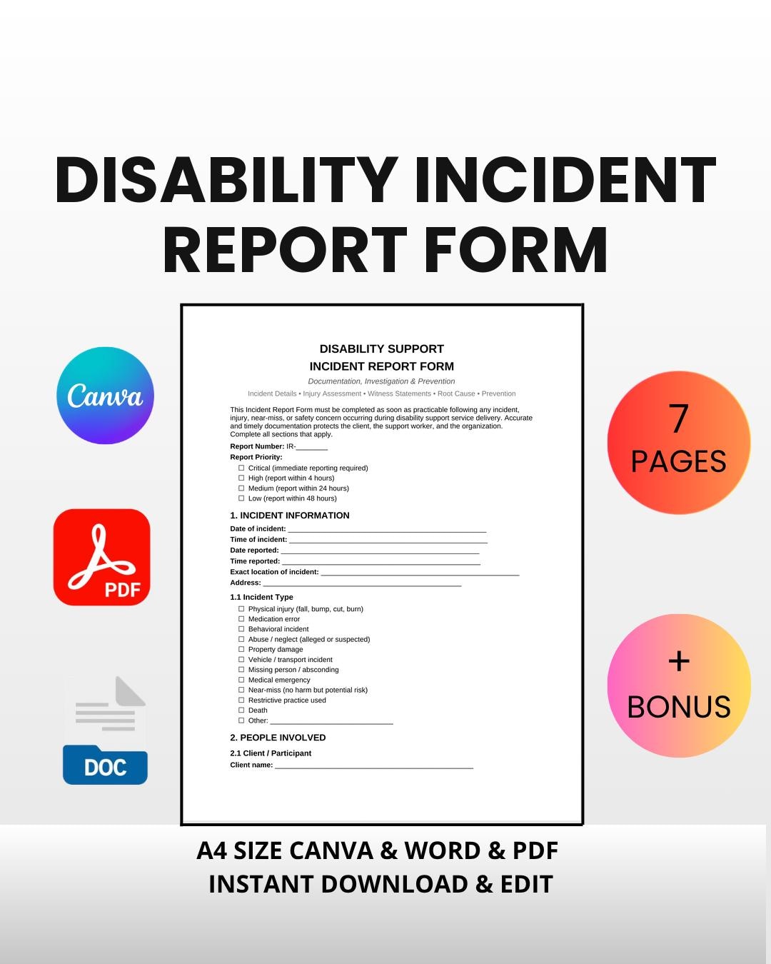 Disability Report Example Disability Incident Report Form | Editable Canva Word PDF | Support ...