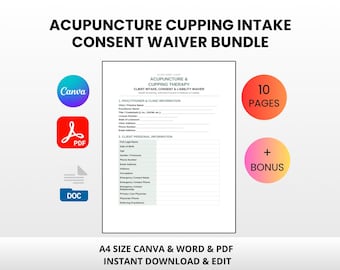 Acupuncture Cupping Intake Consent Waiver Bundle | Editable Canva Word PDF | Therapy Liability Form