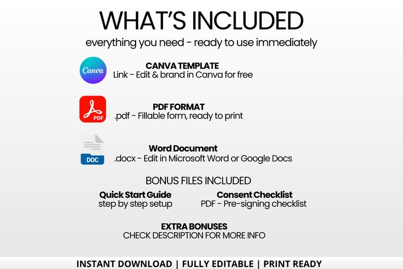 May include: A white graphic with the text "WHAT'S INCLUDED" and a list of included items. The list includes a Canva template, PDF format, and a Word document. Bonus files include a quick start guide and a consent checklist. The graphic also states "INSTANT DOWNLOAD | FULLY EDITABLE | PRINT READY."