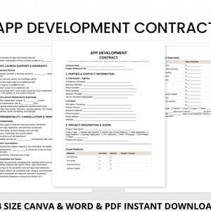 May include: A digital app development contract template with the title "APP DEVELOPMENT CONTRACT" in large, bold text. The document is available in Canva, PDF, and DOC formats. The image also shows a graphic indicating 11 pages.