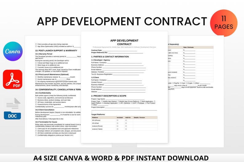 May include: A digital app development contract template with the title "APP DEVELOPMENT CONTRACT" in large, bold text. The document is available in Canva, PDF, and DOC formats. The image also shows a graphic indicating 11 pages.