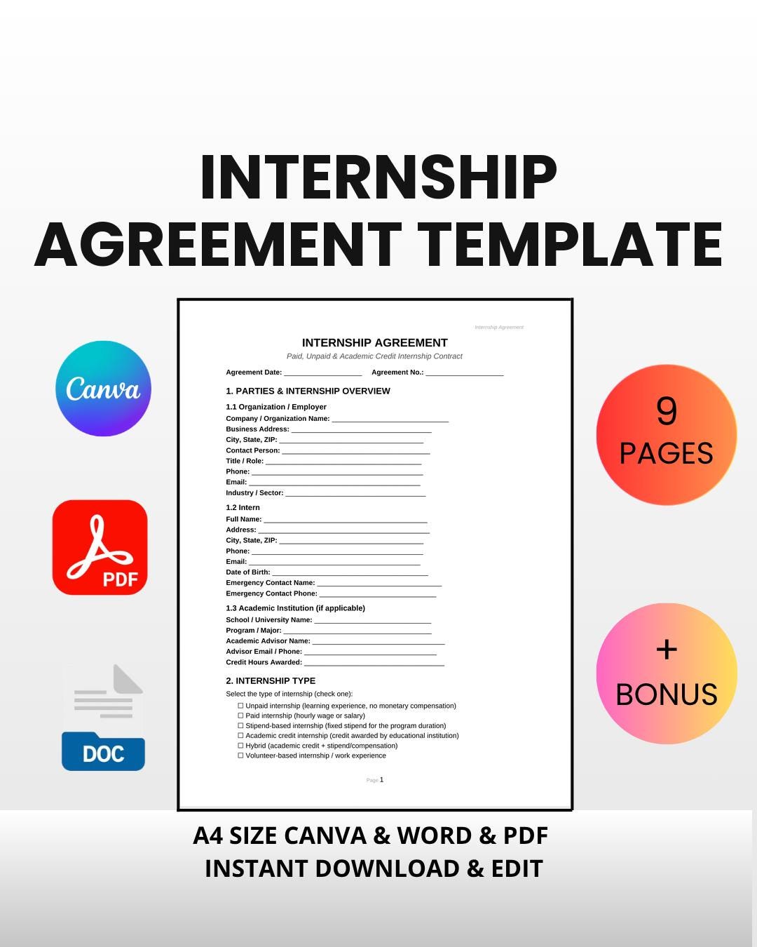 Internship Agreement Template | Editable Canva Word PDF | Intern ...