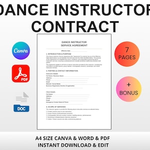 Op de afbeelding: Een dansinstructeur contract sjabloon met de titel "DANCE INSTRUCTOR CONTRACT" in vette zwarte letters. Het document bevat een serviceovereenkomst, Canva-, PDF- en DOC-pictogrammen en een "7 PAGES" en "+ BONUS" afbeelding. De tekst "A4 SIZE CANVA & WORD & PDF INSTANT DOWNLOAD & EDIT" is ook zichtbaar.