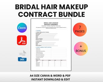 Bridal Hair Makeup Contract Bundle | Editable Canva Word PDF | Wedding MUA Stylist Consultation Pricing Guide Template