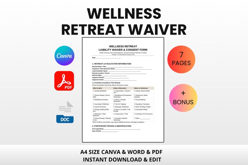 Waivers Label Wellness Retreat Waiver Template | Editable Canva, Word, PDF - Etsy Canada
