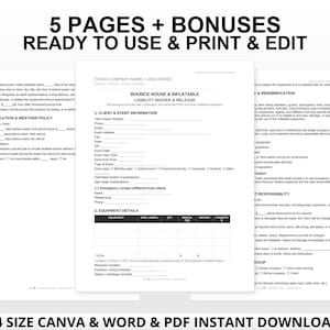 May include: A stack of white paper documents with black text, including a liability waiver and release form. The text reads "5 PAGES + BONUSES READY TO USE & PRINT & EDIT" and "A4 SIZE CANVA & WORD & PDF INSTANT DOWNLOAD".