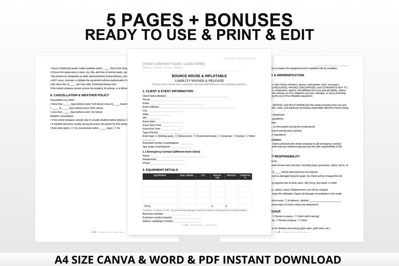 May include: A stack of white paper documents with black text, including a liability waiver and release form. The text reads "5 PAGES + BONUSES READY TO USE & PRINT & EDIT" and "A4 SIZE CANVA & WORD & PDF INSTANT DOWNLOAD".