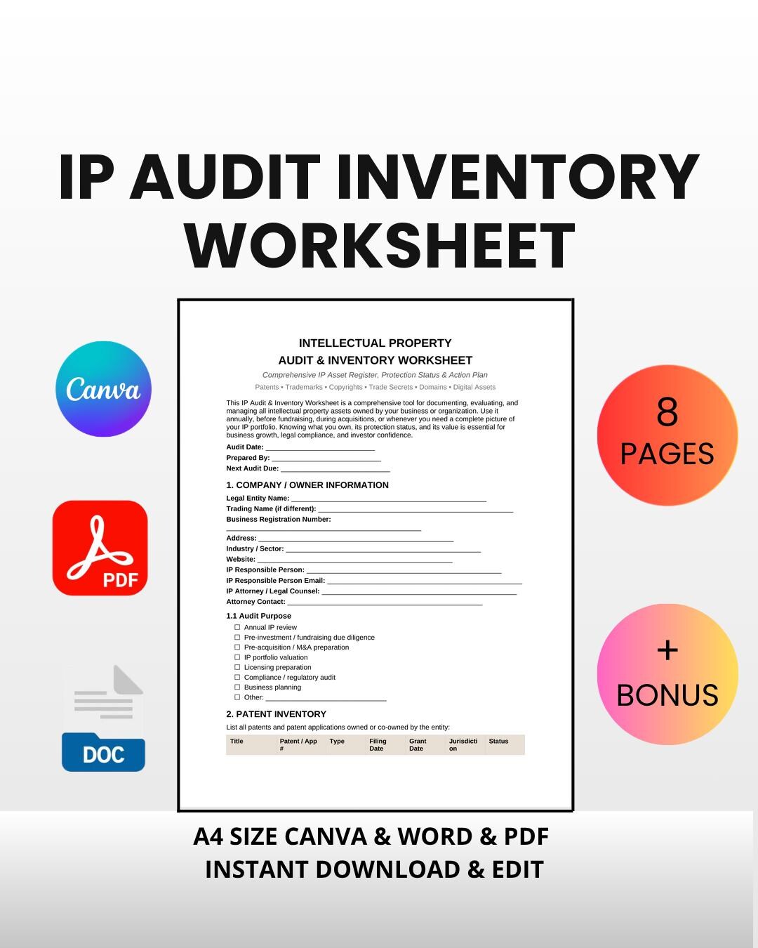 IP Audit Inventory Worksheet | Editable Canva Word PDF | Intellectual ...