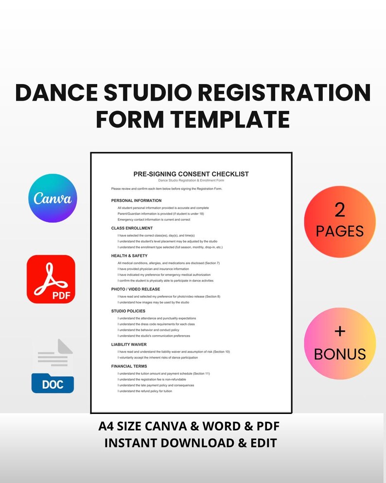 Dance Studio Registration Form | Waiver, Tuition Tracker (Canva, Word, PDF) bild 1