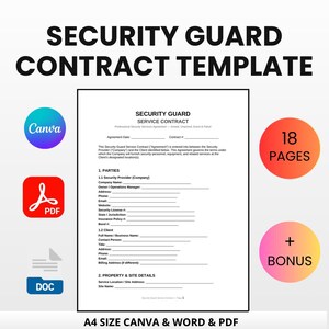 Op de afbeelding: A4-formaat Security Guard Contract Template. Beschikbaar in Canva, Word en PDF-formaten. De sjabloon bevat 18 pagina's en een bonus. Het ontwerp toont de tekst "SECURITY GUARD CONTRACT TEMPLATE".