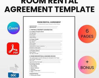 Room Rental Agreement Template | Editable Canva Word PDF | Landlord Lease Bundle Room Rent Contract