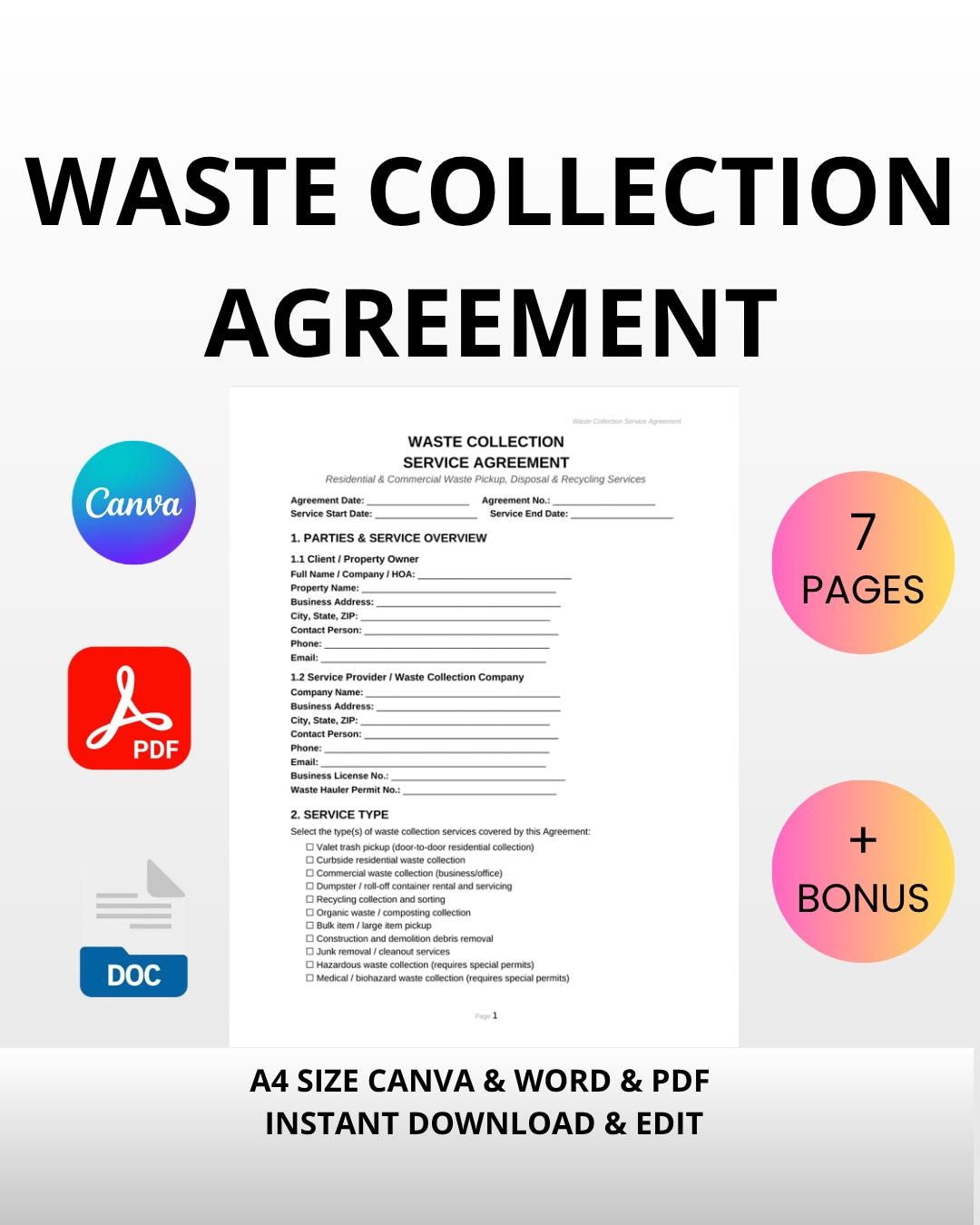 Compost Collection Contract Waste Collection Service Agreement | Editable Canva Word PDF | Trash ...