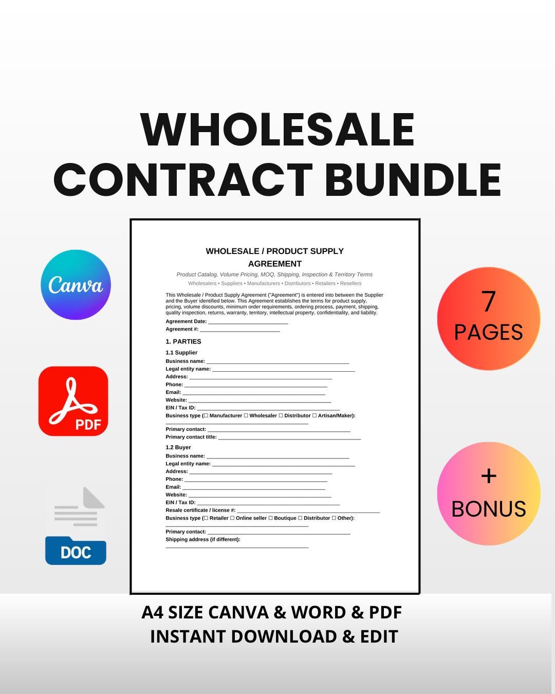 Wholesale Contract Bundle | Editable Canva Word PDF | Product Supply ...