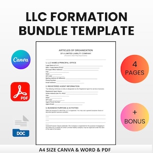 May include: A digital template for LLC formation, featuring a document with fillable fields. The design includes Canva, PDF, and DOC formats, with a bonus and four pages. The text reads "LLC Formation Bundle Template" and "Instant Download & Edit."