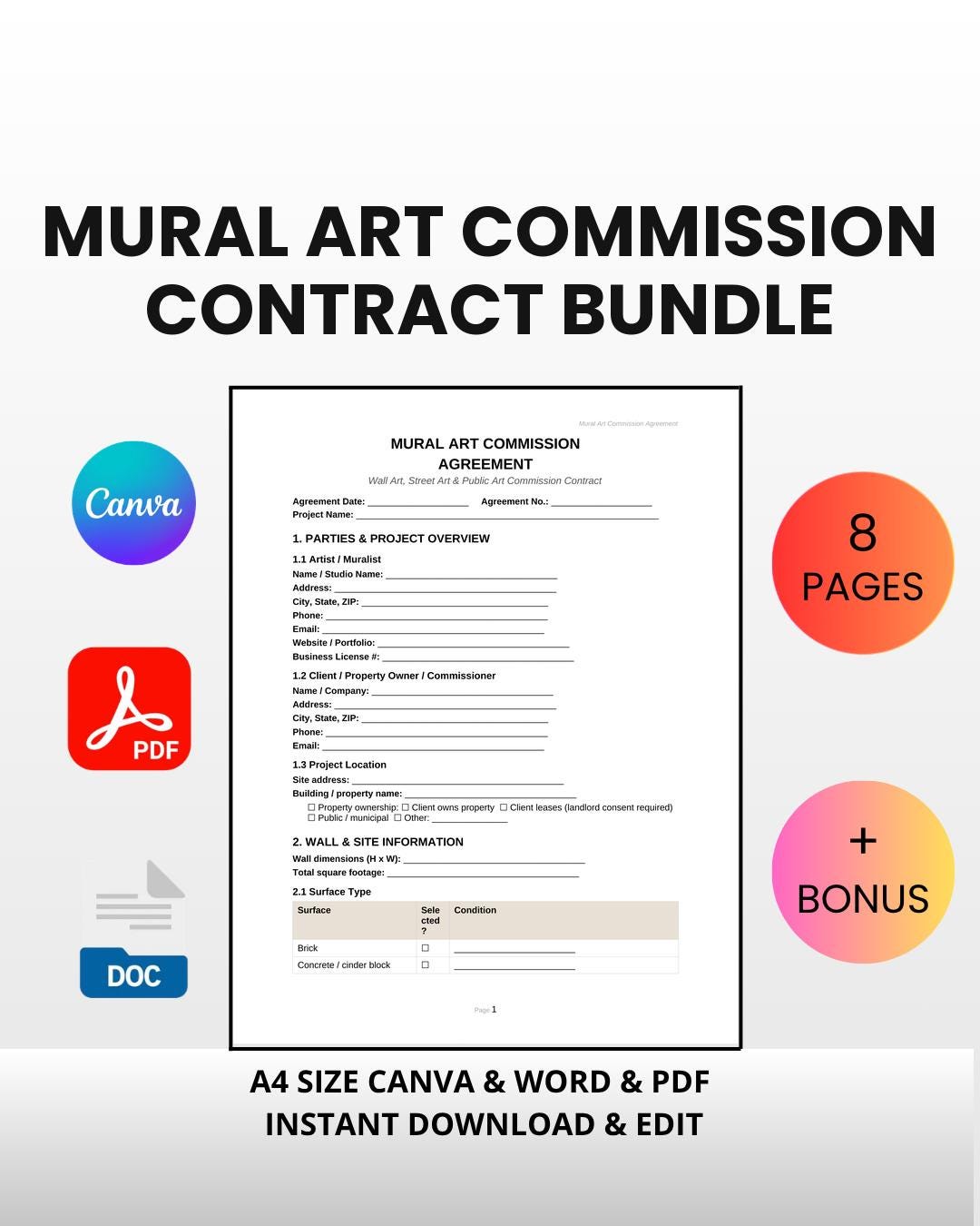 Mural Commission Agreement Bundle | Editable Canva, Word, PDF Contract ...