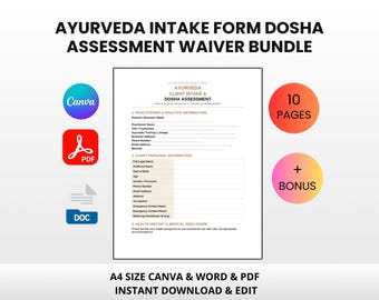 Ayurveda Intake Form Dosha Assessment Waiver Bundle | Editable Canva Word PDF | Ayurvedic Consent