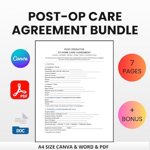 May include: A digital bundle for post-operative care agreements. The image shows a document with fillable fields, icons for Canva, PDF, and DOC formats, and the text "7 PAGES + BONUS". The bundle is A4 size and available for instant download.