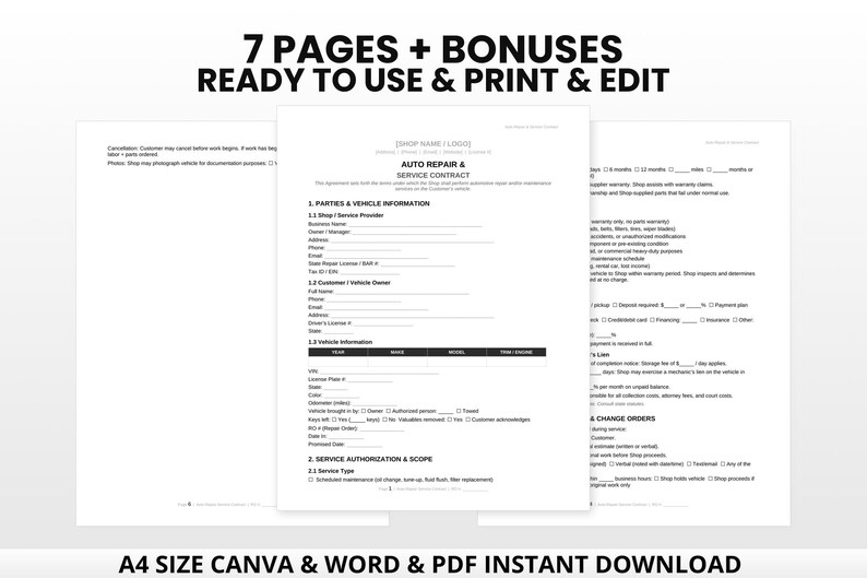 Auto Repair Contract Kit | Service Agreement, Estimate, Intake Form (Canva, Word, PDF) bild 3