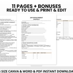 May include: A collection of white A4-sized documents with the text "APP DEVELOPMENT CONTRACT" and "11 PAGES + BONUSES READY TO USE & PRINT & EDIT". The documents include sections for project details and contact information.