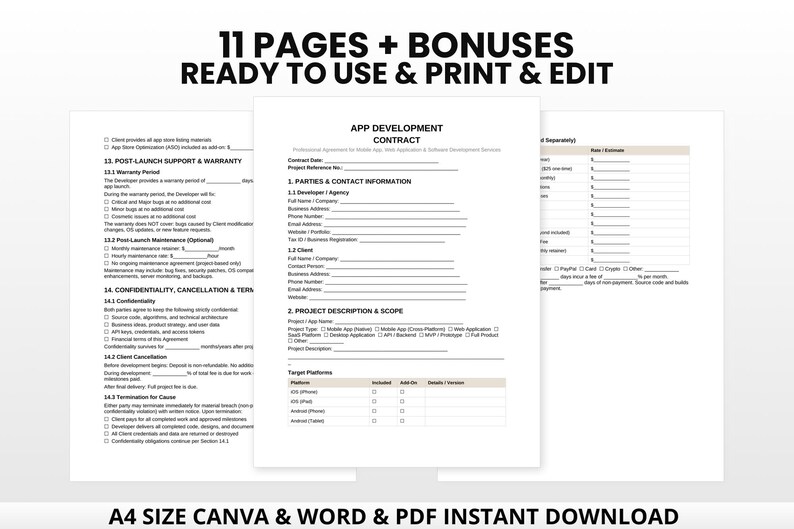 May include: A collection of white A4-sized documents with the text "APP DEVELOPMENT CONTRACT" and "11 PAGES + BONUSES READY TO USE & PRINT & EDIT". The documents include sections for project details and contact information.