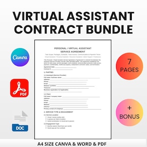 May include: A digital download bundle for virtual assistant contracts. The image features a contract template with sections for service agreements, client information, and engagement types. Includes Canva, PDF, and DOC formats. The image also includes a bonus and 7 pages.