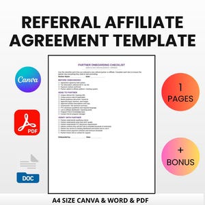 Referral Affiliate Agreement Template | Editable Canva Word PDF | Partner Program Contract Commission Tracking