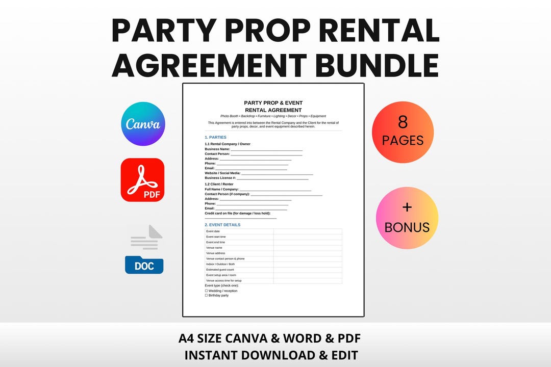 Prop Contract Party Prop Rental Agreement Bundle | Editable Canva Word PDF | Event ...