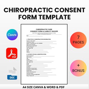 Könnte beinhalten: Eine Vorlage für eine chiropraktische Einverständniserklärung mit dem Titel "CHIROPRACTIC CONSENT FORM TEMPLATE" in großen, fetten, schwarzen Buchstaben. Das Formular enthält Abschnitte für Praxisinformationen und Patientenaufnahme. Symbole für Canva, PDF und DOC-Formate werden angezeigt.