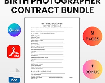Birth Photographer Contract Bundle | Editable Canva Word PDF | Labor Delivery On-Call Photography Agreement