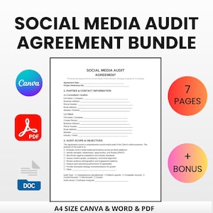 Social Media Audit Agreement Bundle | Editable Canva Word PDF | Profile Review Strategy Consultant Template