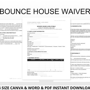 May include: A document titled "BOUNCE HOUSE WAIVER" with the text "5 PAGES" in a red circle. The document is available in Canva, PDF, and DOC formats. The text "A4 SIZE CANVA & WORD & PDF INSTANT DOWNLOAD" is at the bottom.