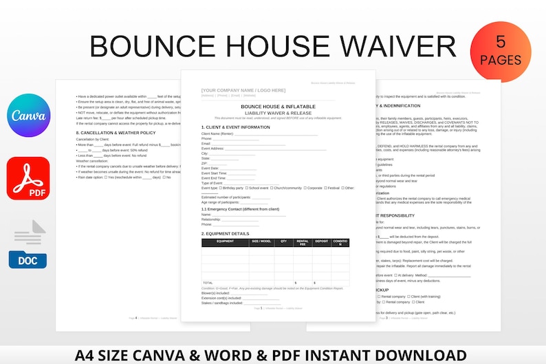 May include: A document titled "BOUNCE HOUSE WAIVER" with the text "5 PAGES" in a red circle. The document is available in Canva, PDF, and DOC formats. The text "A4 SIZE CANVA & WORD & PDF INSTANT DOWNLOAD" is at the bottom.