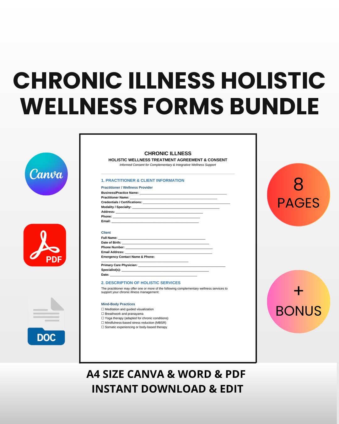 Chronic Illness Holistic Wellness Forms Bundle | Editable Canva Word ...