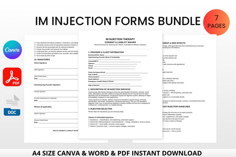 Im Injection Sign Off Sheet.pdf IM Injection Forms Bundle | Editable Canva, Word, PDF (glutathione, B12 ...