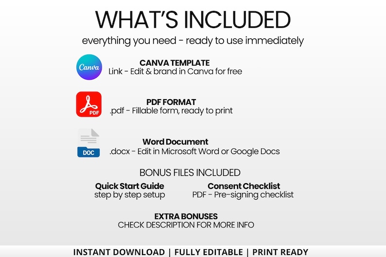 May include: A white graphic with the text "WHAT'S INCLUDED" and a list of included items. The list includes a Canva template, PDF format, and a Word document. Bonus files include a quick start guide and a consent checklist. The graphic also states "INSTANT DOWNLOAD | FULLY EDITABLE | PRINT READY."