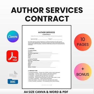 May include: Author Services Contract template available in Canva, Word, and PDF formats. The document includes sections for parties and service types, with options for editing, proofreading, and cover design. Features a bonus and is for instant download and edit.