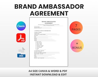 Brand Ambassador Agreement Template | Editable Canva Word PDF | Influencer Contract Commission Sponsorship
