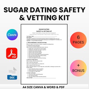 May include: A digital download titled "Sugar Dating Safety & Vetting Kit." The document includes checklists and guides for online dating safety. The image features a white document with black text, and colorful circular accents with the words "Canva," "PDF," "DOC," "6 PAGES," and "+ BONUS."