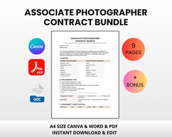 Associate Photographer Contract Bundle | Editable Canva Word PDF | Second Shooter Agreement Wedding Photo