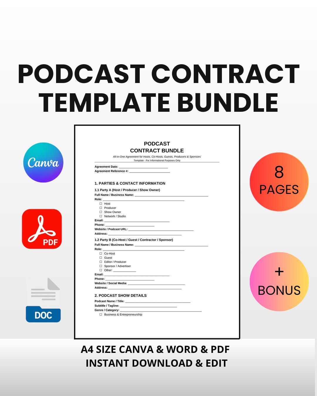 Podcast Contract Template Bundle | Editable Canva Word PDF | Host Co ...