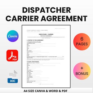May include: A document titled "DISPATCHER CARRIER AGREEMENT" with the text "A4 SIZE CANVA & WORD & PDF INSTANT DOWNLOAD & EDIT". The document includes sections for parties, legal names, and contact information. Icons for Canva, PDF, and DOC are visible.