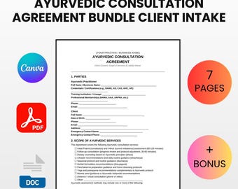 Ayurvedic Consultation Agreement Bundle Client Intake | Editable Canva Word PDF | Dosha Assessment Consent Template