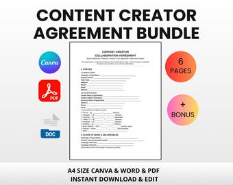 Content Creator Agreement Bundle | Editable Canva Word PDF | UGC Influencer Contract Invoice Brief Brand Deal Template