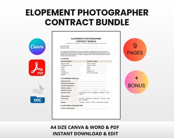 Elopement Photographer Contract Bundle | Editable Canva Word PDF | Destination Adventure Wedding Agreement