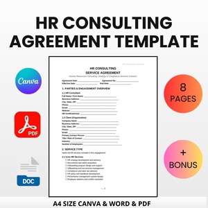 Puede incluir: Plantilla de Acuerdo de Consultoría de RRHH con iconos de Canva, PDF y DOC. El documento incluye un Acuerdo de Servicio de Consultoría de RRHH con secciones para las partes, descripción general del compromiso y tipo de servicio. Plantilla tamaño A4 con 8 páginas y un bono.