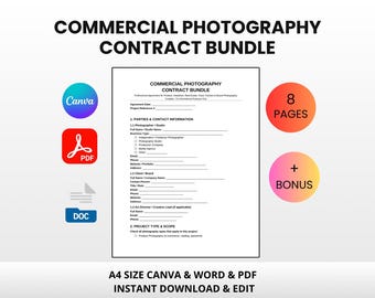 Commercial Photography Contract Bundle | Editable Canva Word PDF | Product Headshot Real Estate Food Fashion