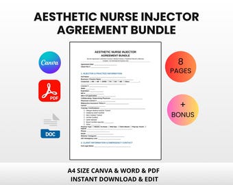 Aesthetic Nurse Injector Agreement Bundle | Editable Canva Word PDF | Botox Filler Consent Mobile Injector