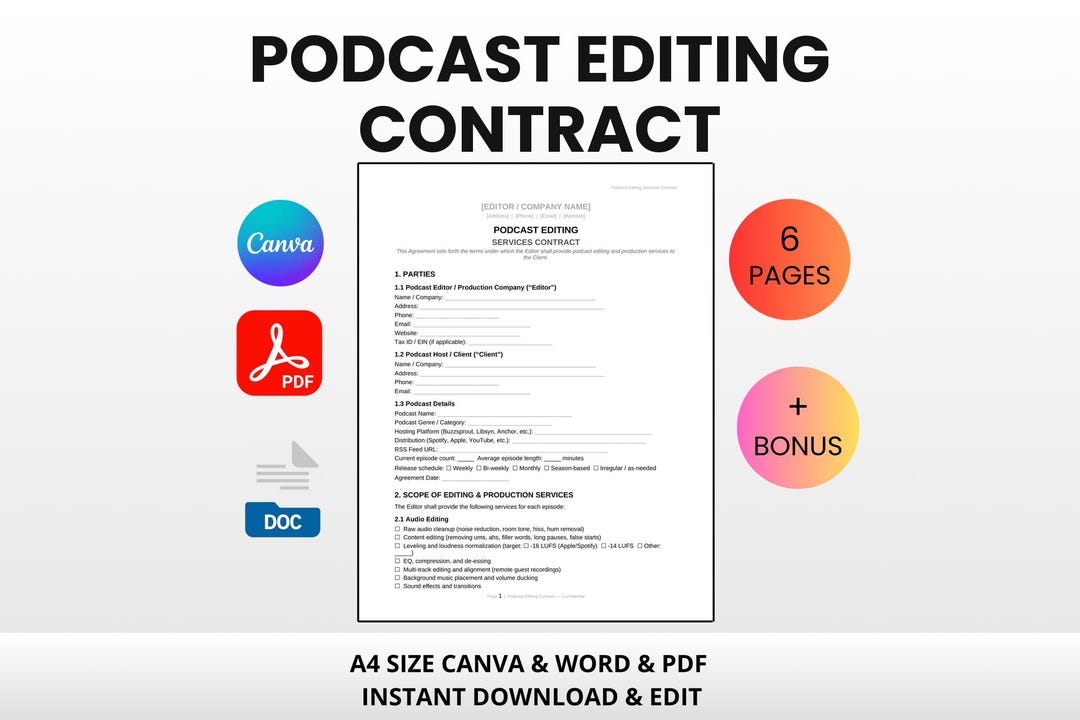 Editor Contract.pdf Podcast Editing Contract | Editable Canva Word PDF | Podcast Editor ...