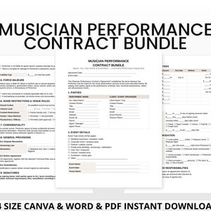 May include: A bundle of musician performance contract templates. The image shows a contract with sections for parties, event details, fees, and responsibilities. The bundle includes 9 pages and is available in Canva, Word, and PDF formats.